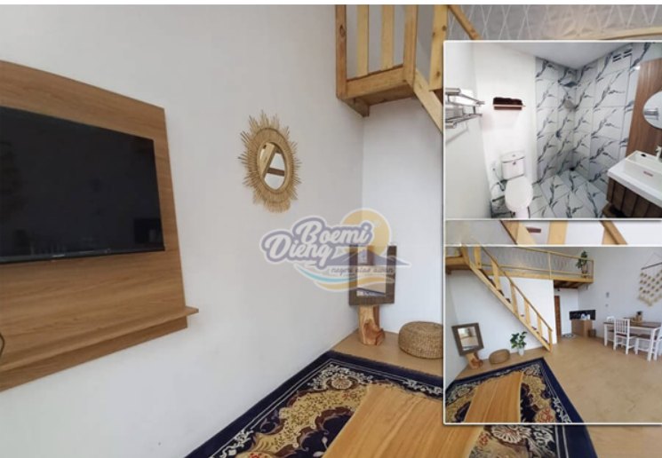 Kamar loft dengan TV, tangga kayu, dan kamar mandi