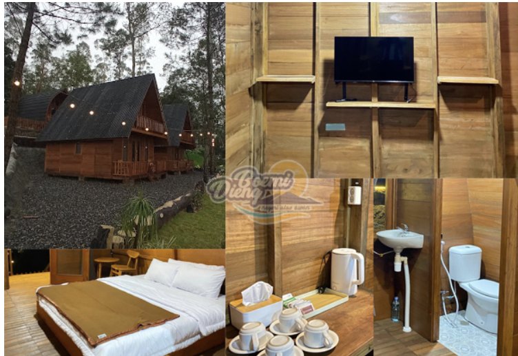 Cabin kayu di antara pohon pinus, kamar tidur, dan kamar mandi